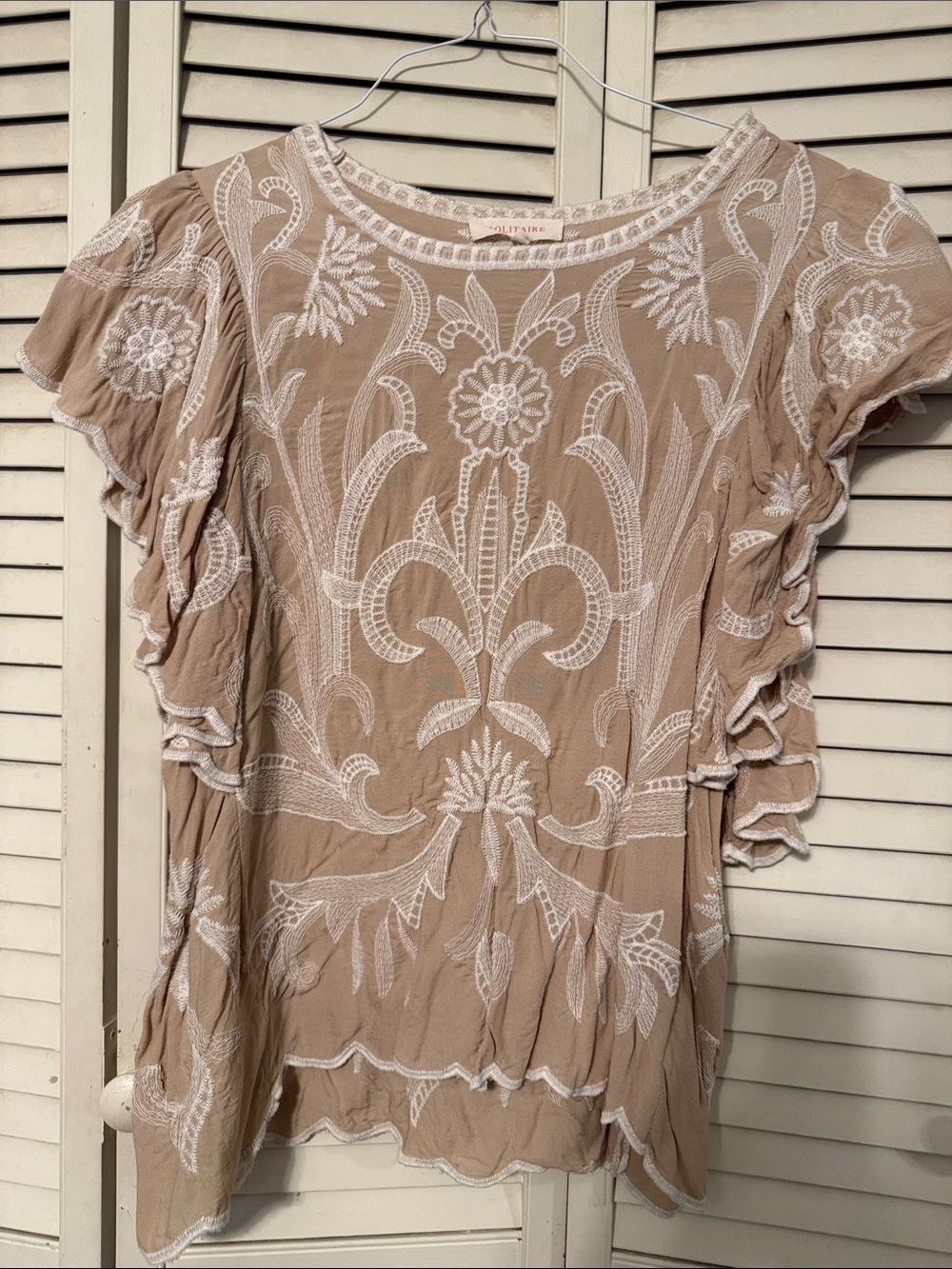 Solitaire Taupe Embroidered Ruffle Sleeve Blouse